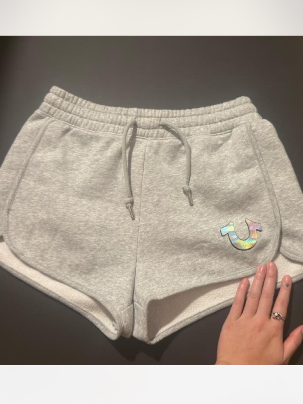 True Religion Heather Light Gray Fleece Athletic Shorts with Holographic Logo